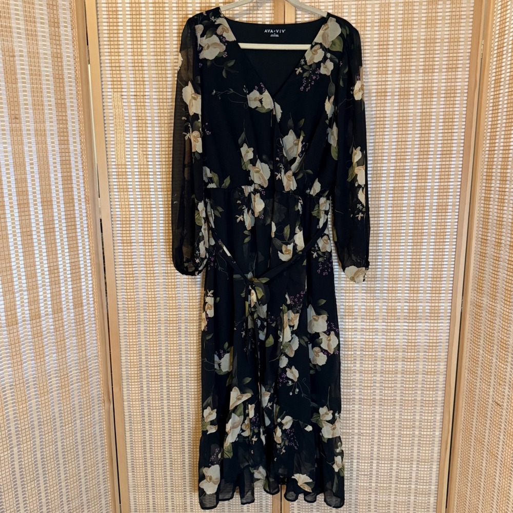 Ava & Viv Womens 1X Black Floral Faux Wrap Midi Dress Long Sleeve Belted Fairy